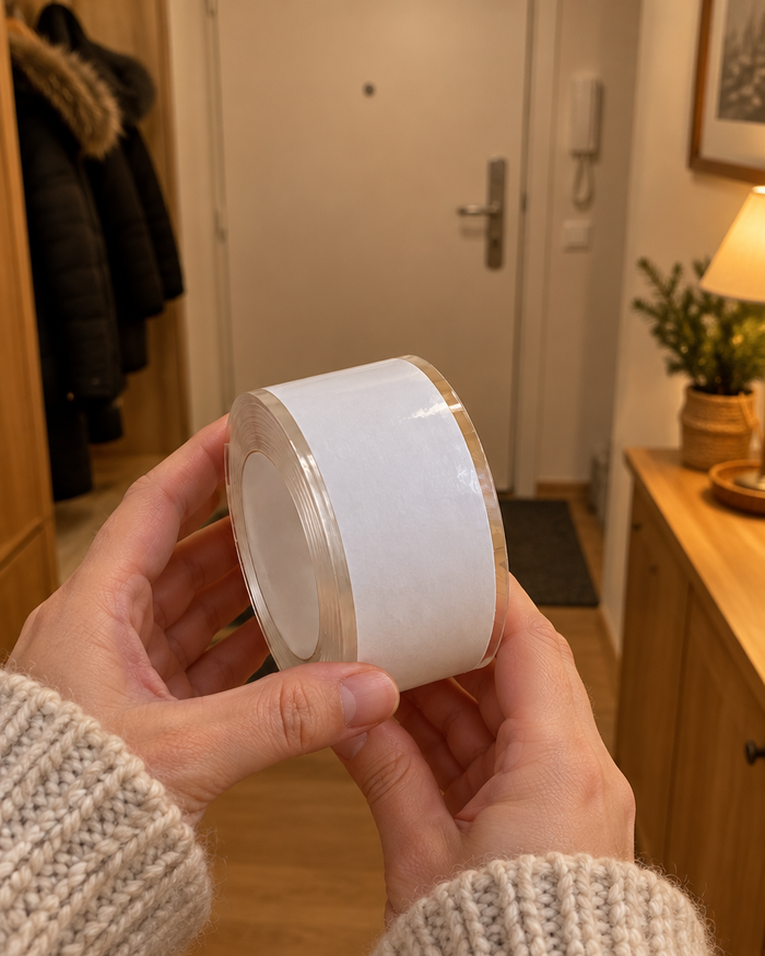 Rolka uszczelki w dłoniach w przedpokoju